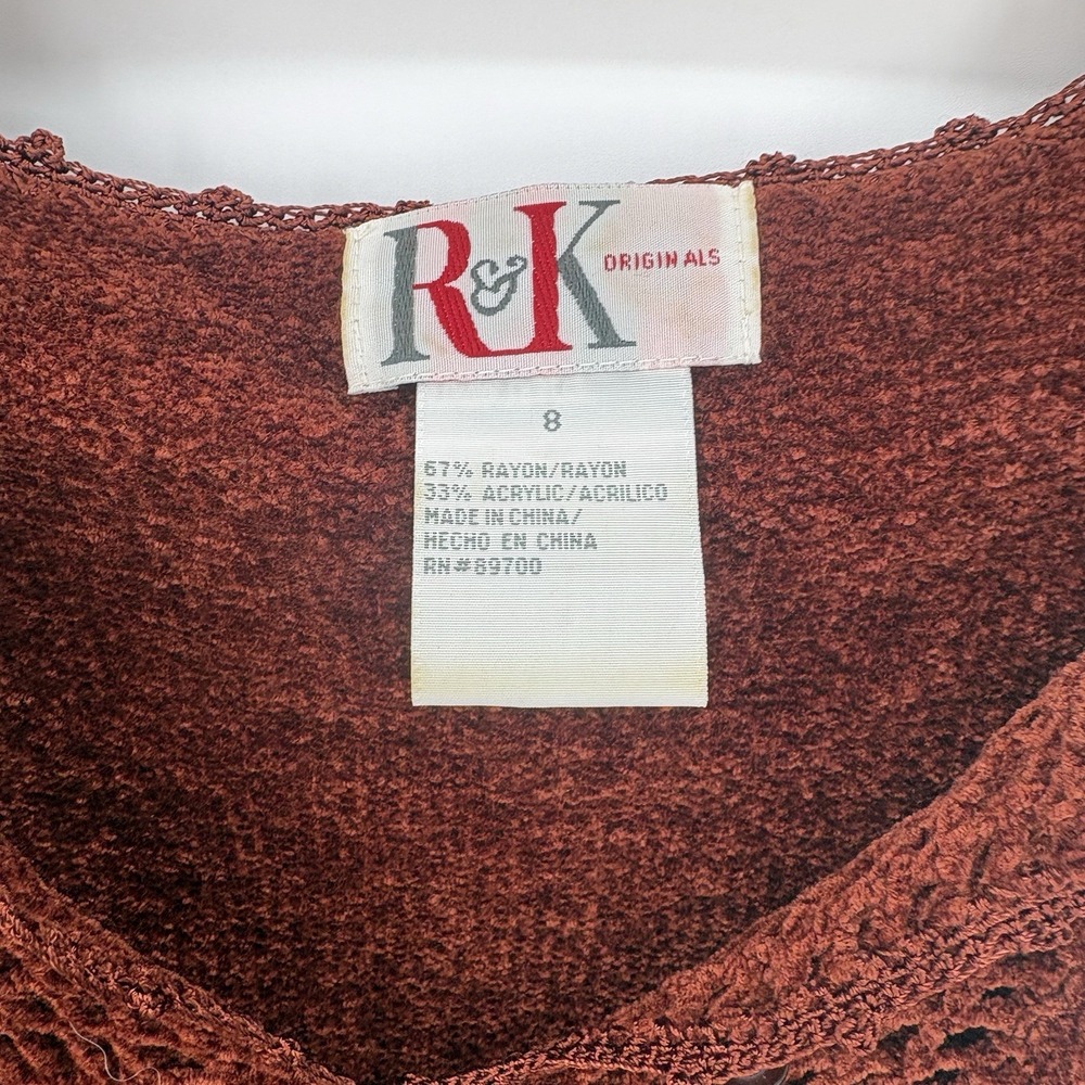 Vtg R&K Originals Red Chenille Cardigan Intricate Crochet Detail Size 8 - Picture 2 of 6